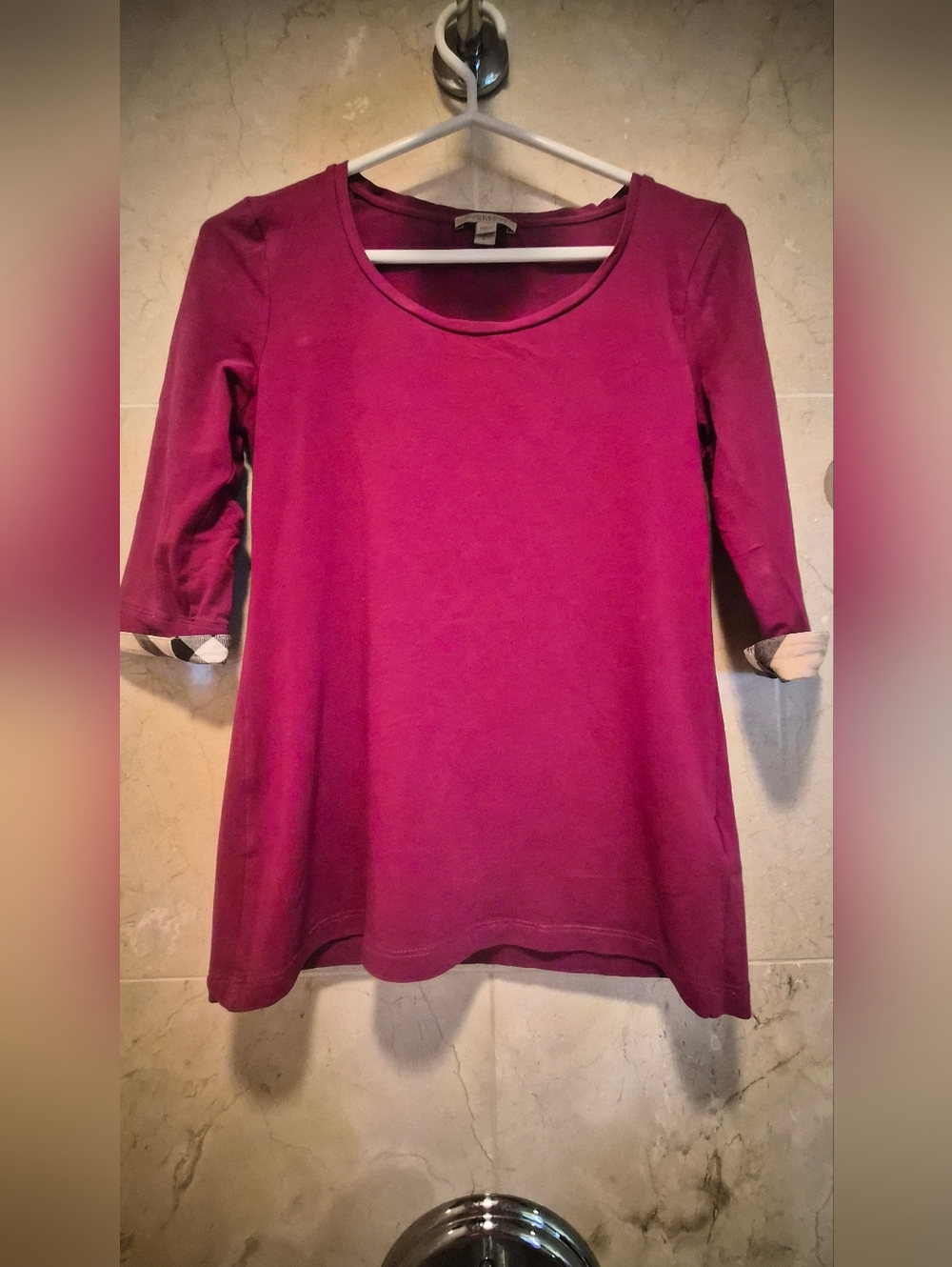 Burberry Brit Magenta 3/4 Sleeve Tee w/ Nova Check Cuffs